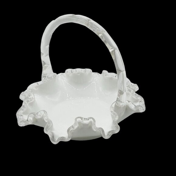 Fenton Silver Crest Milk Glass Clear Ruffle 8" Handled Basket Wedding Easter 8" - Picture 1 of 10